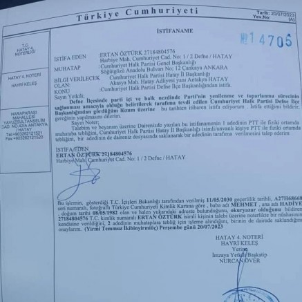 CHP Hatay Defne İlçe Başkanı İstifa Etti